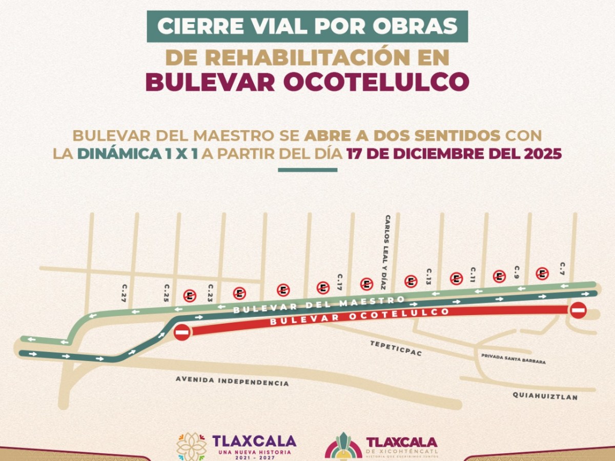 HABRÁ CIERRE TOTAL DEL BULEVAR OCOTELULCO EN LA CAPITAL A PARTIR DEL 17 DE DICIEMBRE POR OBRAS DE REENCARPETAMIENTO