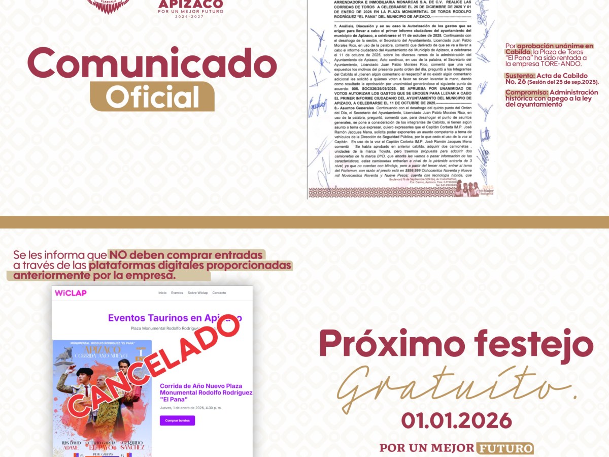 COMUNICADO DE PRENSA GOBIERNO DE APIZACO INFORMA QUE SE CANCELA EVENTO TAURINO DEL DÍA 1 DE&nbsp;ENERO