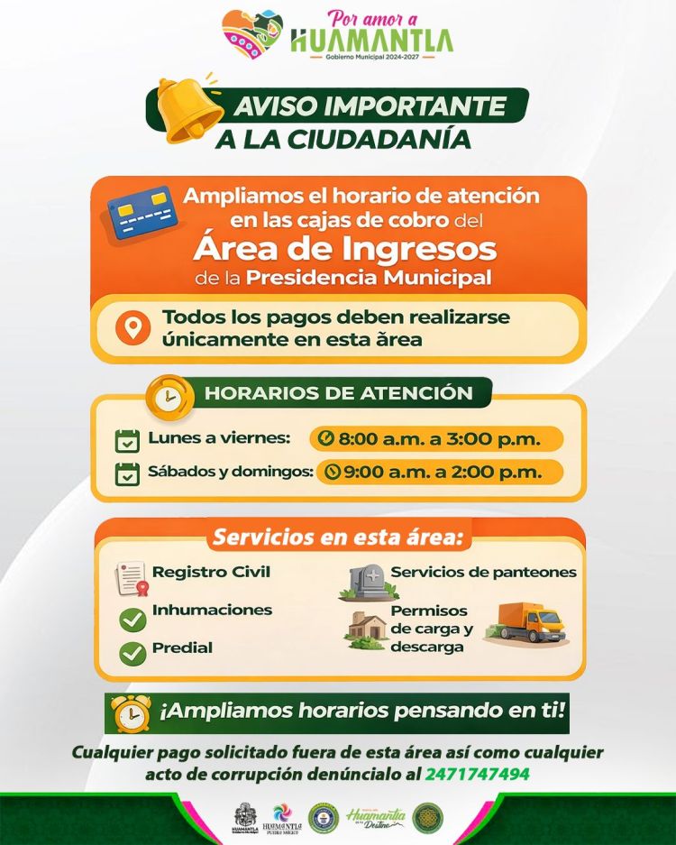 GOBIERNO MUNICIPAL DE HUAMANTLA AMPLÍA HORARIOS DE ATENCIÓN EN CAJAS DE COBRO Y REFUERZA LLAMADO A LA&nbsp;TRANSPARENCIA