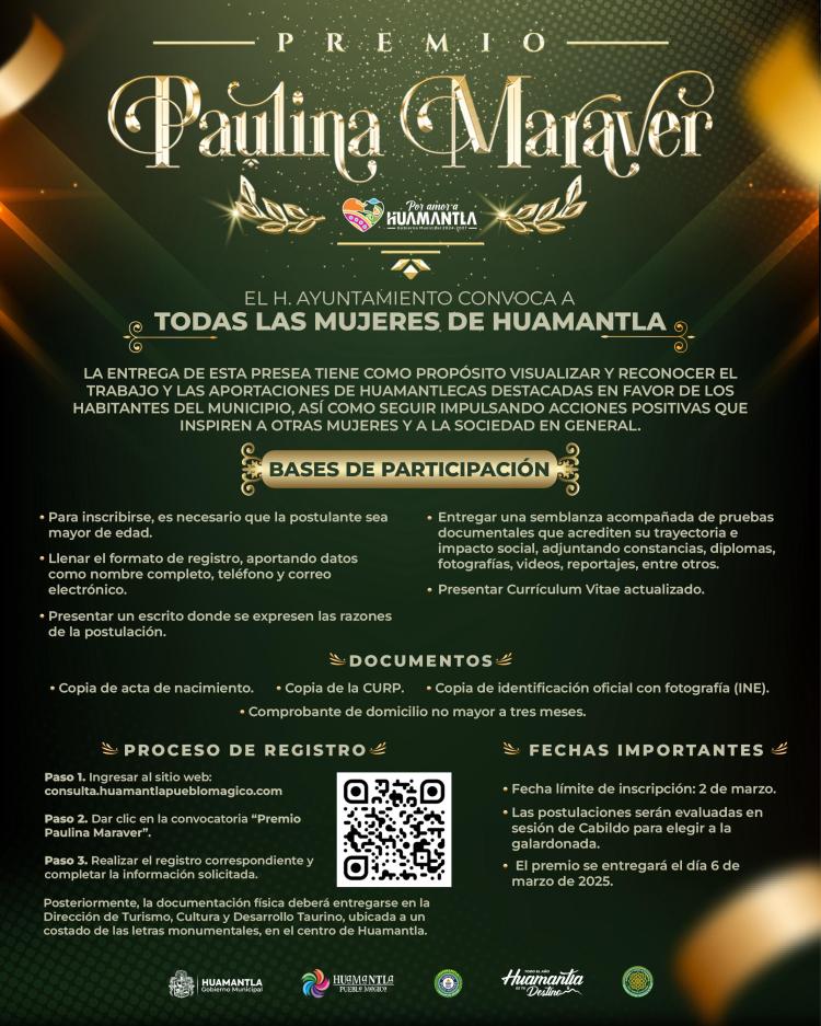 GOBIERNO MUNICIPAL ABRE CONVOCATORIA AL PREMIO “PAULINA MARAVER 2026” PARA RECONOCER A MUJERES&nbsp;HUAMANTLECAS
