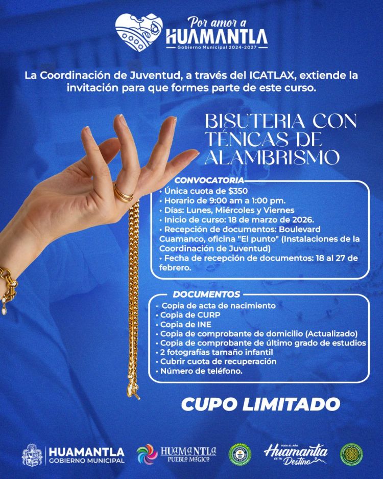 INVITA GOBIERNO MUNICIPAL DE HUAMANTLA A CURSO DE BISUTERÍA CON TÉCNICAS DE&nbsp;ALAMBRISMO