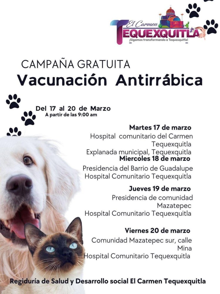 CAMPAÑA GRATUITA DE VACUNACIÓN ANTIRRÁBICA EN TEQUEXQUIT&nbsp;LA