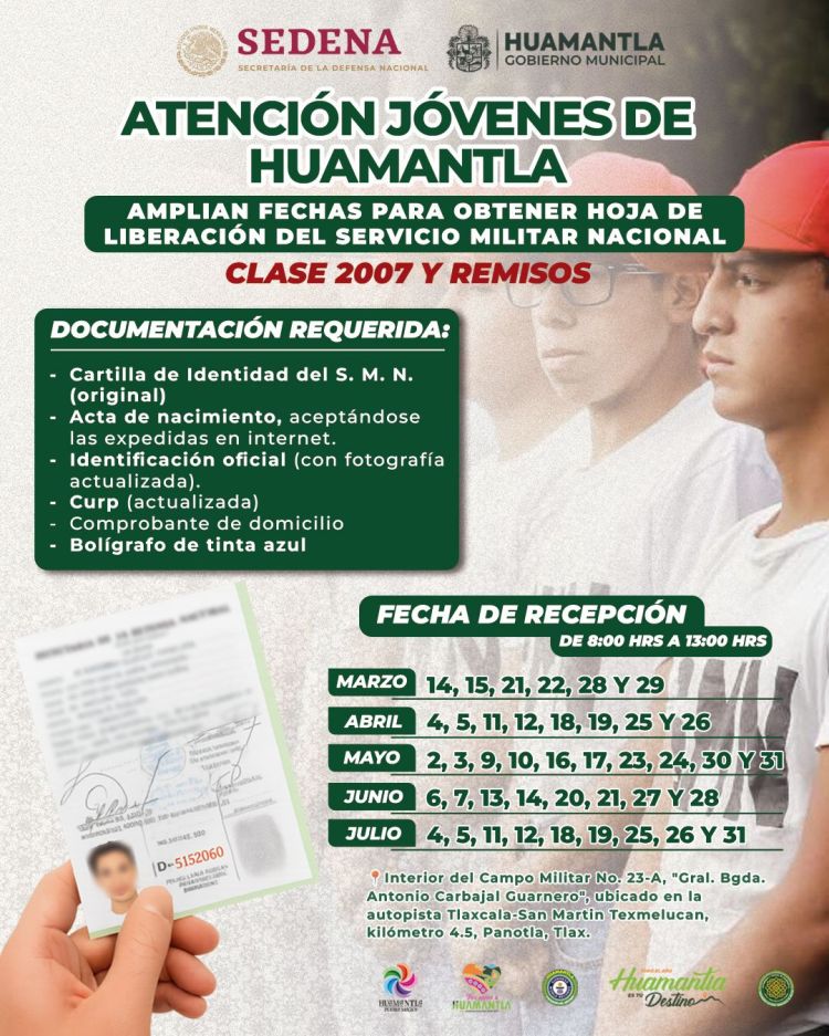 AMPLIAN FECHAS PARA OBTENER HOJA DE LIBERACIÓN DEL SERVICIO MILITAR NACIONAL PARA LA CLASE 2007 Y&nbsp;REMISOS