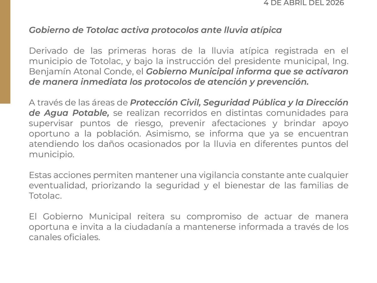 SE ACTIVAN PROTOCOLOS DE ATENCIÓN POR LLUVIA ATÍPICA EN&nbsp;TOTOLAC