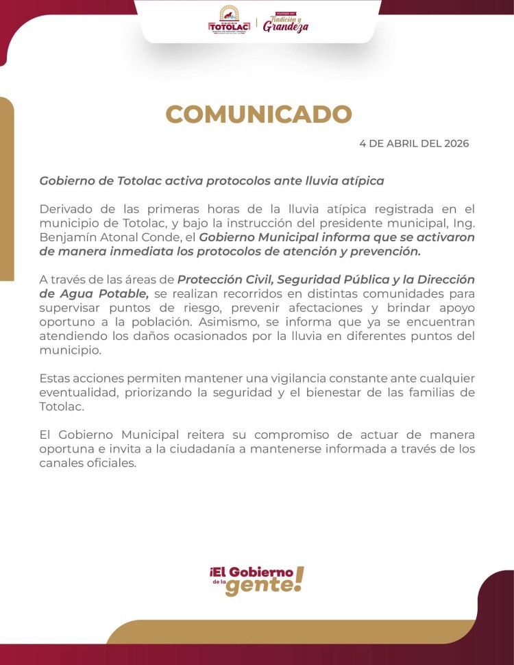 SE ACTIVAN PROTOCOLOS DE ATENCIÓN POR LLUVIA ATÍPICA EN&nbsp;TOTOLAC