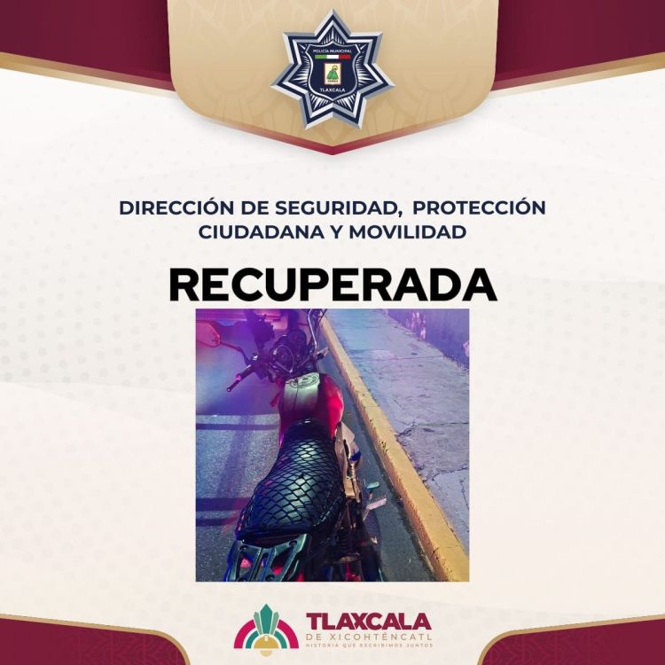 RECUPERA POLICÍA MUNICIPAL DE TLAXCALA MOTOCICLETA CON REPORTE DE ROBO EN BULEVAR&nbsp;OCOTLÁN