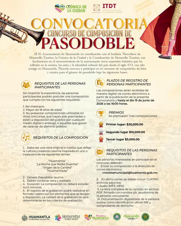 HUAMANTLA INVITA A PARTICIPAR EN EL CONCURSO DE COMPOSICIÓN DE&nbsp;PASODOBLE