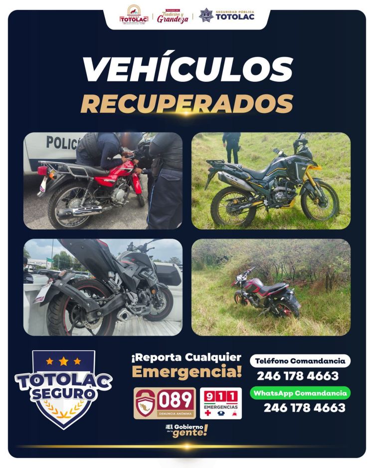 POLICÍA DE TOTOLAC RECUPERA CUATRO MOTOCICLETAS CON REPORTE DE ROBO EN MENOS DE UNA&nbsp;SEMANA