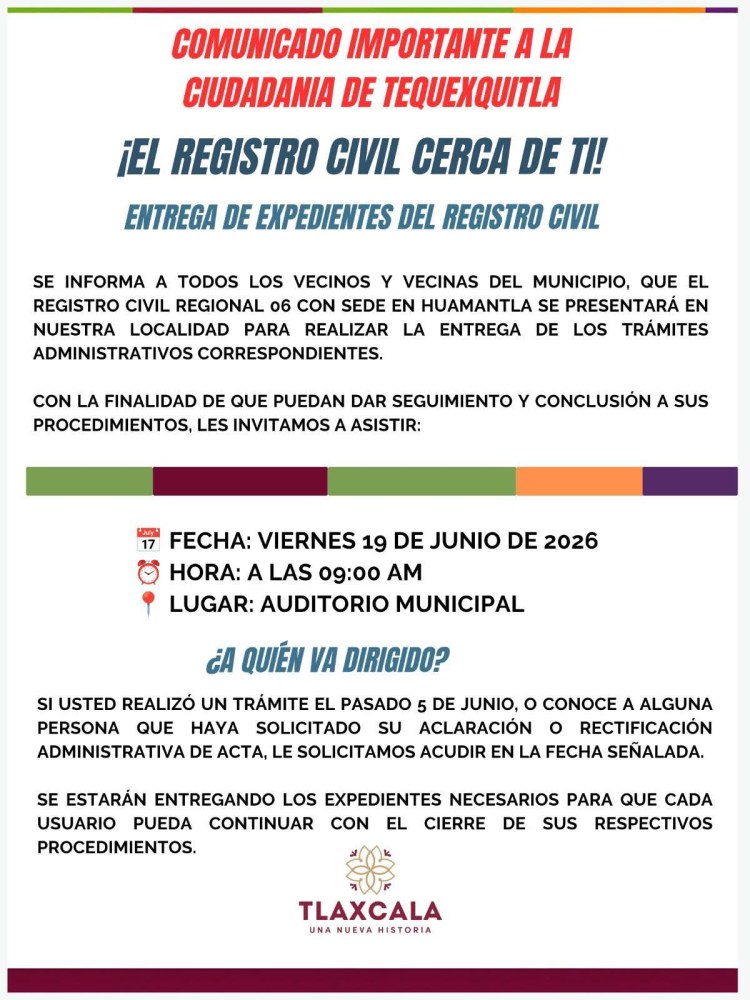 REGISTRO CIVIL REGIONAL ESTARA EN TEQUEXQUITLA PRÓXIMO 19 DE&nbsp;JUNIO