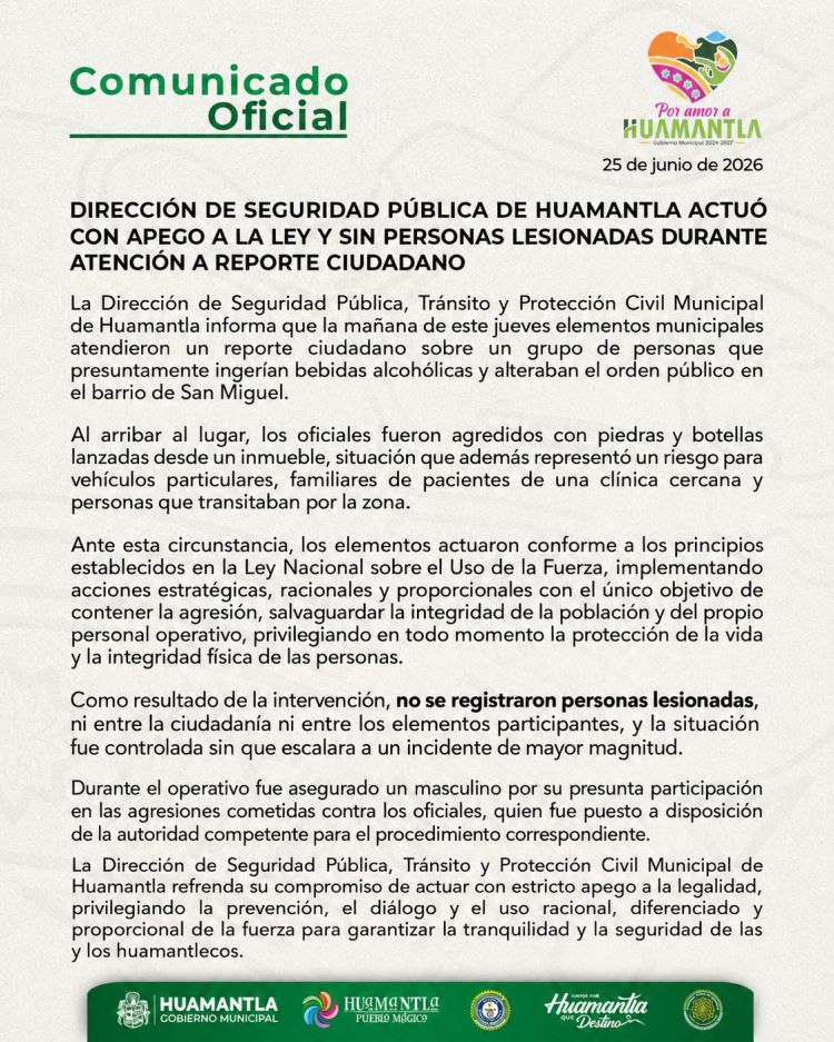 DIRECCIÓN DE SEGURIDAD PÚBLICA DE HUAMANTLA ACTUÓ CON APEGO A LA LEY Y SIN PERSONAS LESIONADAS DURANTE ATENCIÓN A REPORTE&nbsp;CIUDADANO