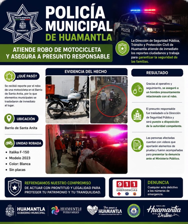 POLICÍA MUNICIPAL ASEGURA A PRESUNTO RESPONSABLE TRAS REPORTE DE ROBO DE&nbsp;MOTOCICLETA
