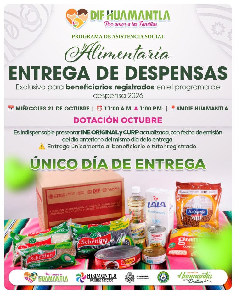SMDIF HUAMANTLA ANUNCIA ENTREGA DE APOYOS ALIMENTARIOS CORRESPONDIENTES AL MES DE&nbsp;OCTUBRE